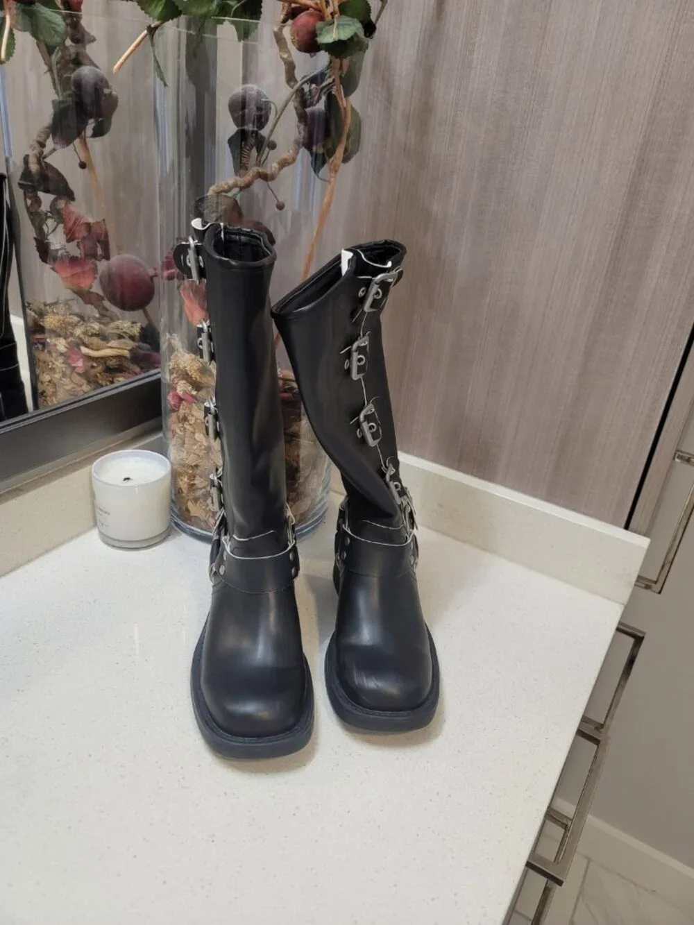 Miu Miu Biker Iconic Buckles Black Leather Knee Length Boots Size 37 - Picture 1 of 9